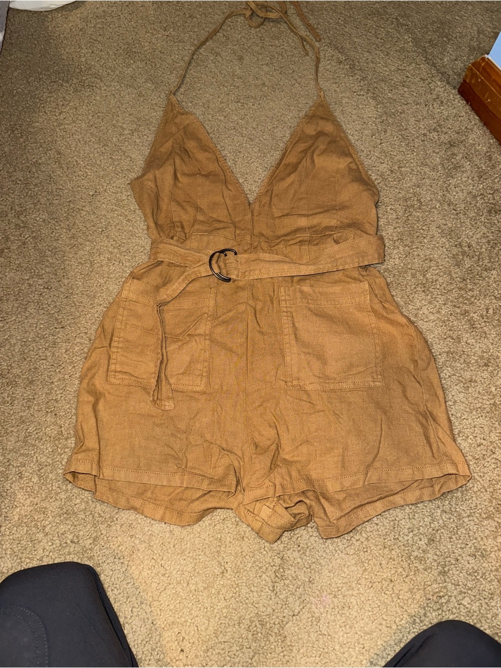 Free People Tan Halter Linen-Blend Romper with Belt